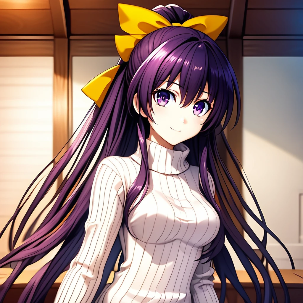 (extremely detailed CG unity 4k wallpaper),(masterpiece),(best quality),(ultra-detailed),(best illustration),(best shadow),(absurdres),(detailed background) Tohka Yatogami, 1girl, solo, bow, long hair, hair bow, smile, purple hair, yellow bow, purple eyes, ponytail, breasts, hair between eyes, sweater, very long hair, turtleneck, upper body, hair ornament, sitting, looking at viewer, white sweater, medium breasts, indoors, bangs, anime coloring