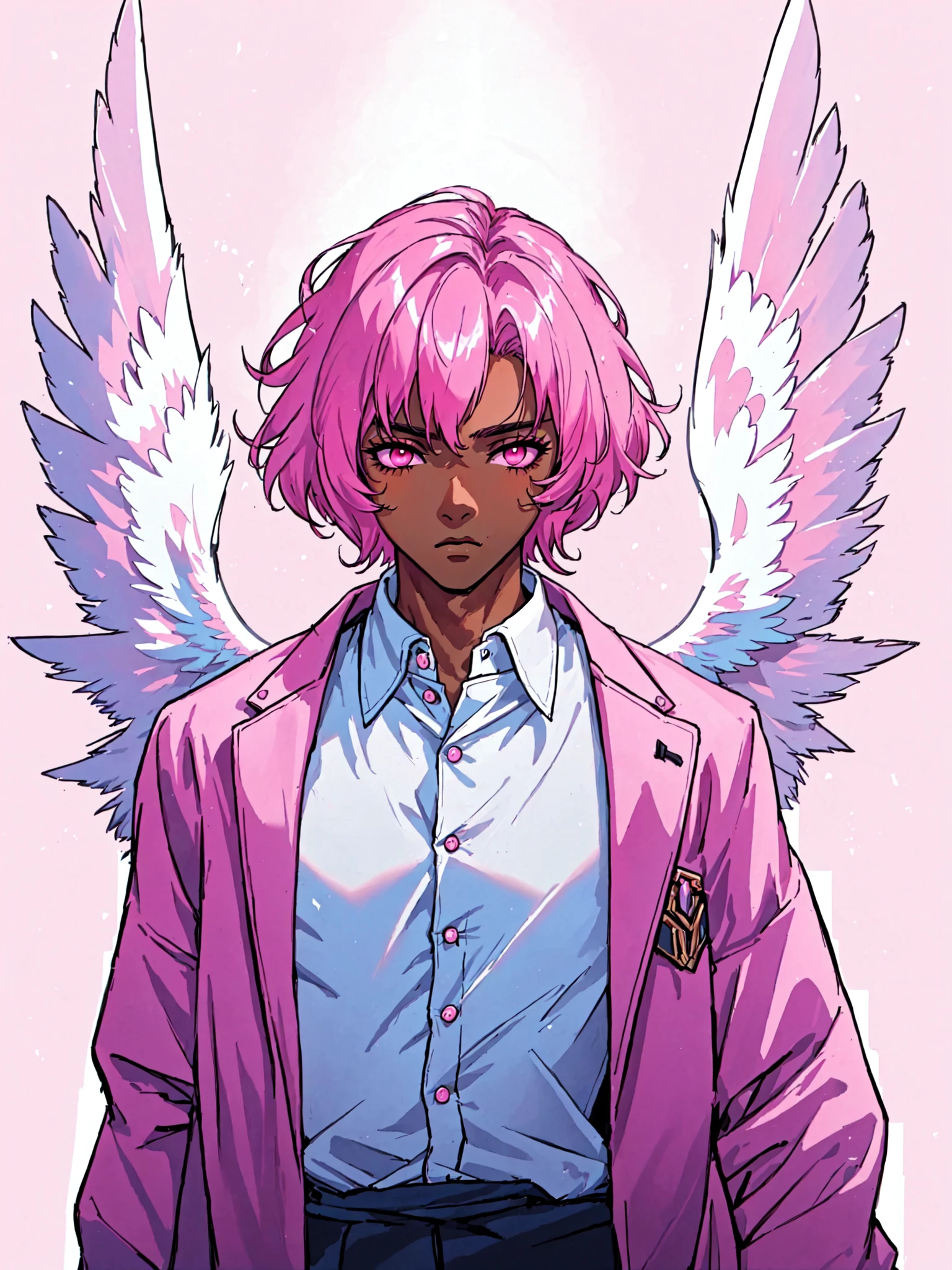 solo, looking at viewer, short hair, shirt, 1boy, male focus, dark-skinned male, closed mouth, jacket, white shirt, pink hair, open clothes, wings, collared shirt, dark skin, pink eyes, open jacket, pink background, feathered wings, white wings, pink jacket, maximalism, retro art style, fantasy art, outdoors, sunset, dusk, galaxy, side lighting, neon lighting, rembrandt lighting, cinemaetic lighting, cinematic angle, masterpiece, best quality