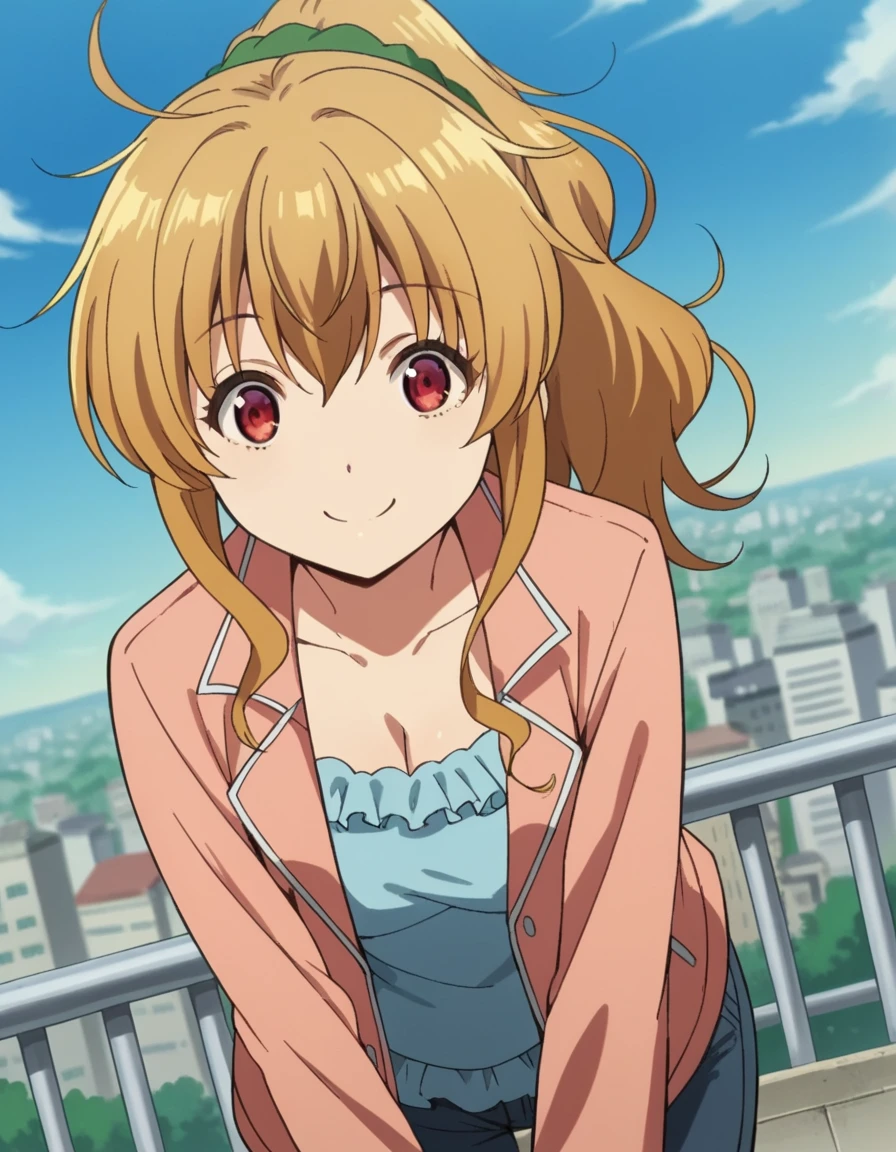 score_9, score_8_up, score_7_up, source_anime,
nanakokogure, <lora:nanako-kogure-s1-ponyxl-lora-nochekaiser:1>,
nanako kogure, long hair, brown hair, red eyes, ponytail, ahoge, scrunchie, green scrunchie,
cleavage, jacket, pink jacket, frills, shirt, blue shirt, pants, denim, frilled shirt,
outdoors, cityscape, bent over, smile,
looking at viewer, cowboy shot, solo, dutch angle,