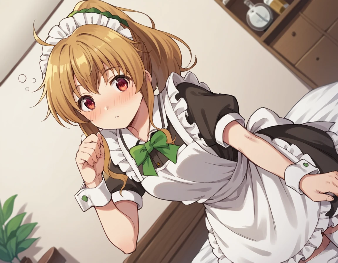 score_9, score_8_up, score_7_up, source_anime,
nanakokogure, <lora:nanako-kogure-s1-ponyxl-lora-nochekaiser:1>,
nanako kogure, long hair, brown hair, red eyes, ponytail, ahoge, scrunchie, green scrunchie,
thighhighs, short sleeves, apron, white thighhighs, wrist cuffs, maid, maid headdress, maid apron, bow, green bow,
indoors, bed, bed room, on side, blush, drunk,
looking at viewer, cowboy shot, solo, dutch angle,