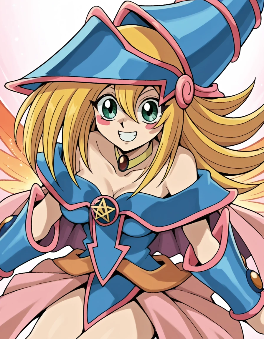 score_9, score_8_up, score_7_up, source_anime,
darkmagiciangirl, <lora:dark-magician-girl-anime-ponyxl-lora-nochekaiser:1>
dark magician girl, blonde hair, choker, green eyes, long hair, blush, blush stickers,
bare shoulders, blue footwear, blush, blush stickers, cleavage, collarbone, duel monster, hat, off shoulder, pentacle, wizard hat,
grin, <lora:fiery-wings-ponyxl-lora-nochekaiser:1>, fiery wings,
looking at viewer, cowboy shot, dutch angle, solo,