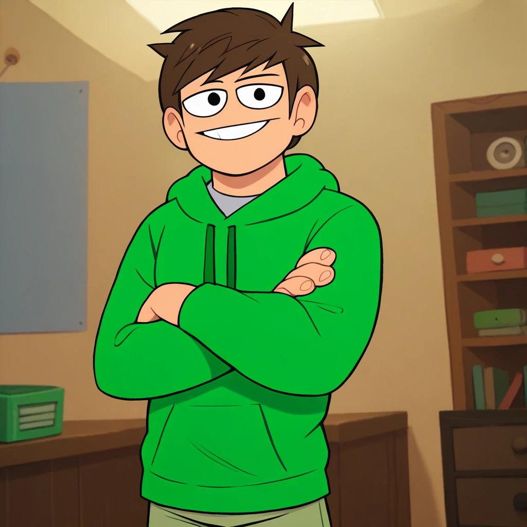 <lora:EddEWPonyXL1.0:1> edd (eddsworld), 1boy, solo, round chin, short hair, brown hair, grey shirt, green hoodie, green drawstrings, brown khakis, cowboy shot, standing, crossed arms, looking at viewer, closed smile, indoors, score_9, score_8_up, score_7_up, score_6_up, score_5_up, score_4_up, best perspective, best quality