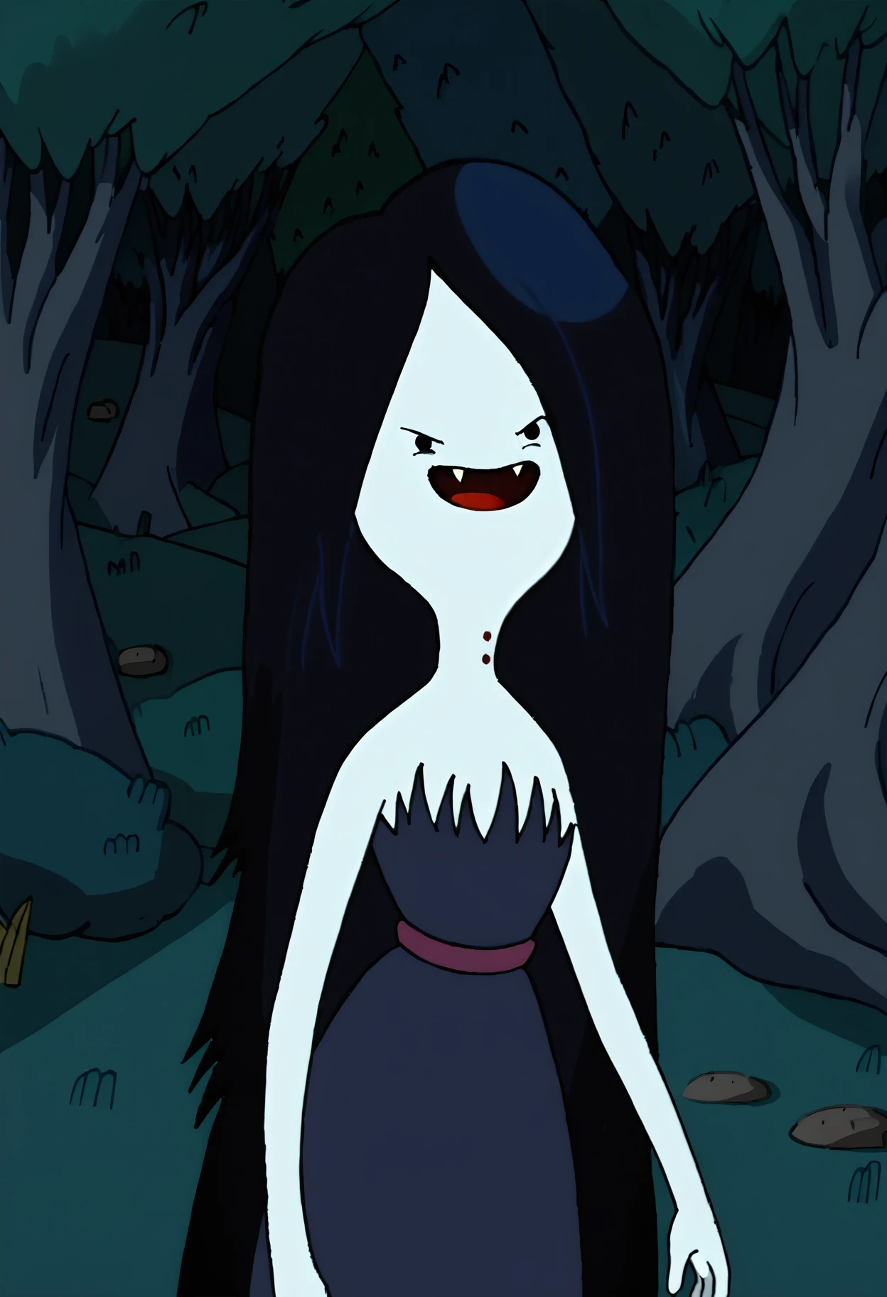 marceline, 1girl, fangs, long hair, black hair, dress, striped shirt, very long hair, , solo, black eyes, bite mark, solid circle eyes, open mouth, smile, tree, grey skin, forest, vampire,outdoors, night, night sky,  <lora:MarcelinePony1.1:1>, score_9, score_8_up, score_7_up, score_6_up, score_5_up, score_4_up, looking at viewer, cowboy shot,tree, forest,