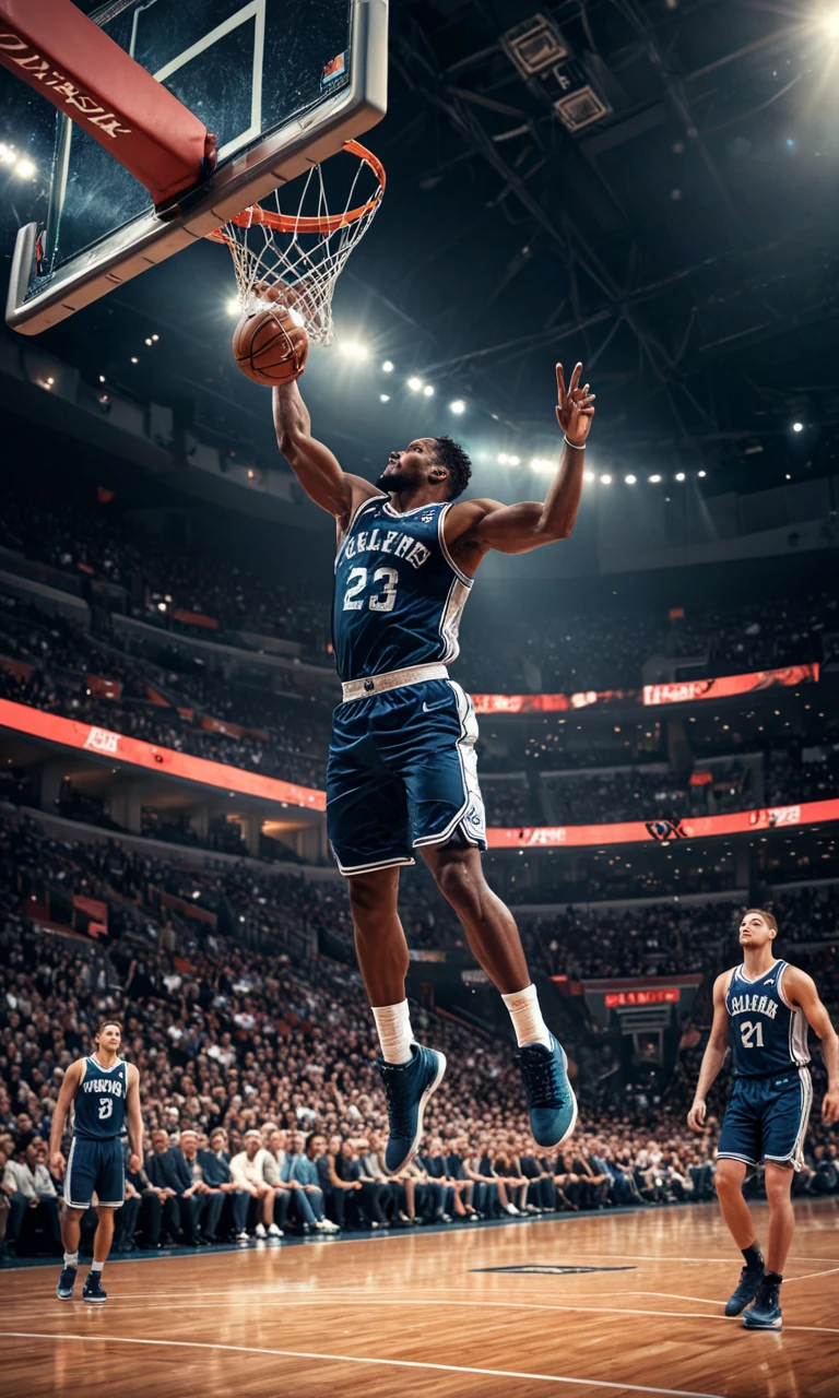 Professional basketball player in mid-air, about to dunk, against the backdrop of a packed arena, masterpiece, fantasy, digital art, highly detailed, overall detail, atmospheric lighting, Awash in a haze of light leaks reminiscent of film photography, awesome background, highly detailed styling, studio photo, intricate details, highly detailed, cinematic,