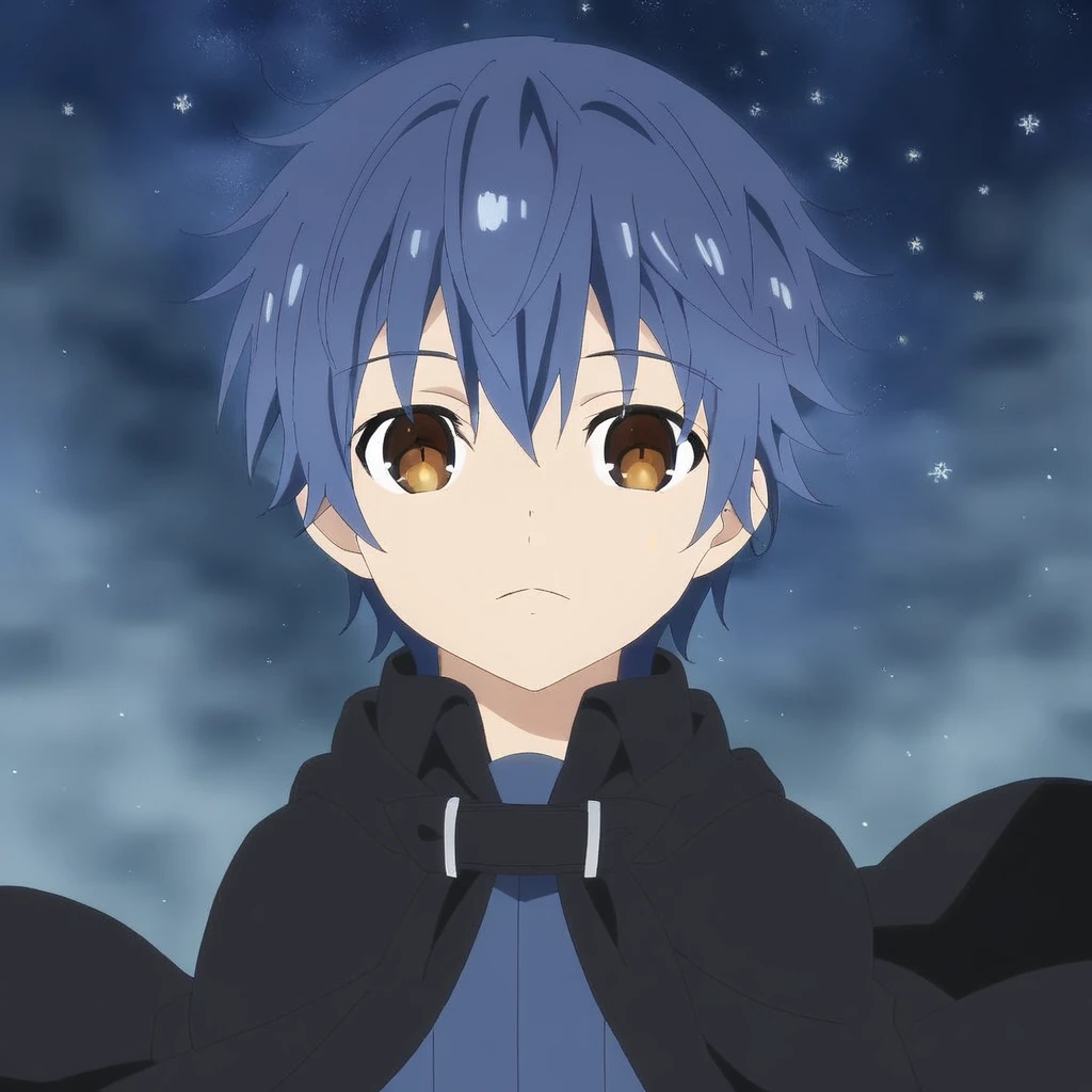 itsuka shido, 1boy, solo, male focus, blue hair, brown eyes, cloak, look at viewer, blow wind, lighting particle, strong rim light, starry sky, (moonlight), fog, snowflake, upper body,