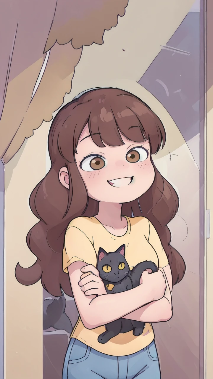 masterpiece, best quality, ultra detailed, <lora:Lelay:1>, brown hair, brown eyes, yellow shirt, jeans, blue pants, smile, closed_mouth, black cat in arms