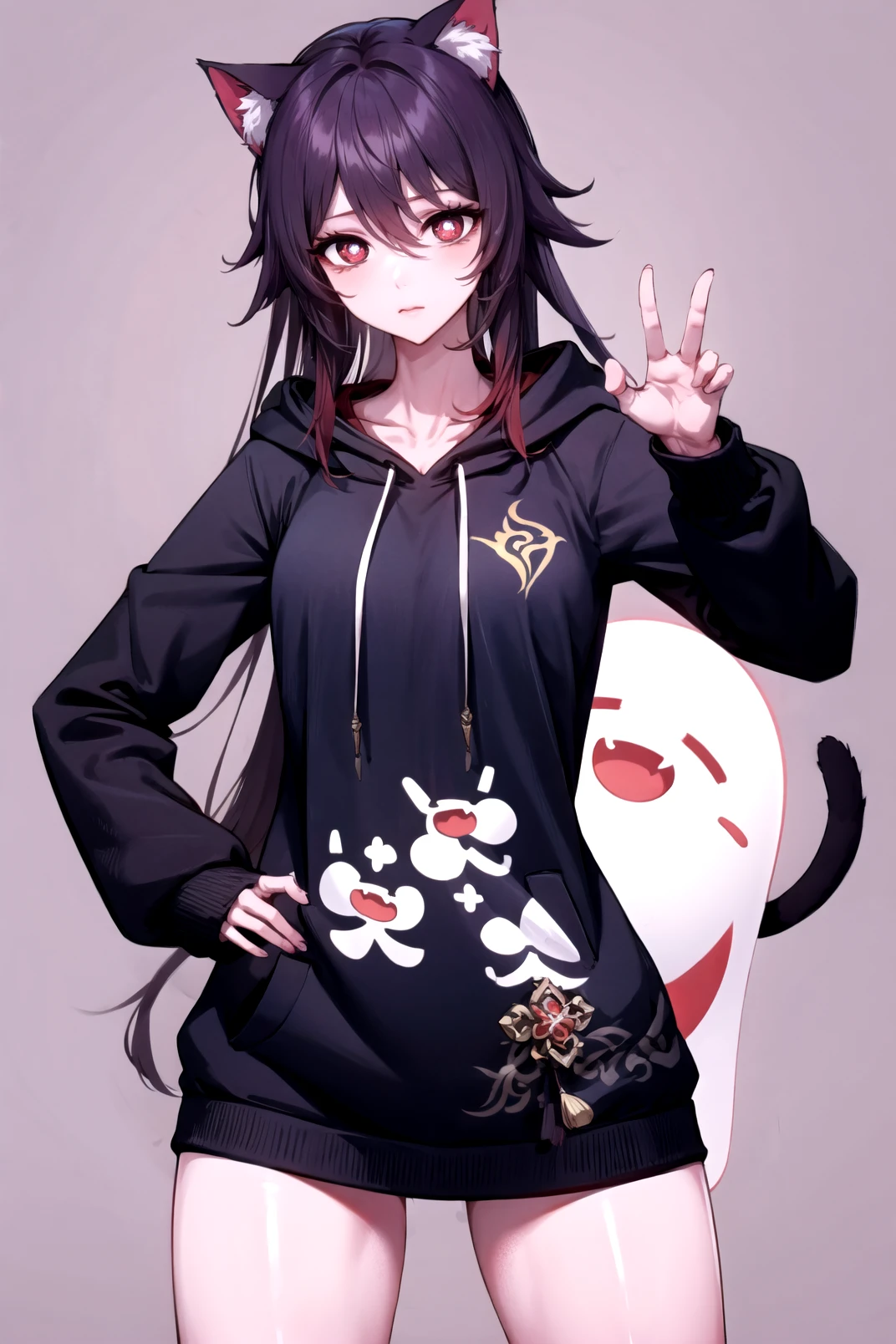 (masterpiece, best quality),<lora:hutao_v2:0.8>,hu tao(genshin impact),boo tao,symbol shaped pupils,long hoodie, cat ears,simple background, cute pose, cute female