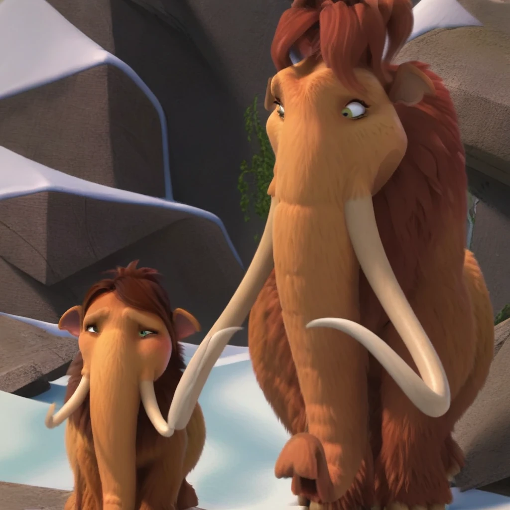 side view, hyper breasts, hyper hips, hyper butt, moaning, ellie the mammoth, mammoth, green eyes, orange fur, red hair, long tuck, ice age, elephant, long truck