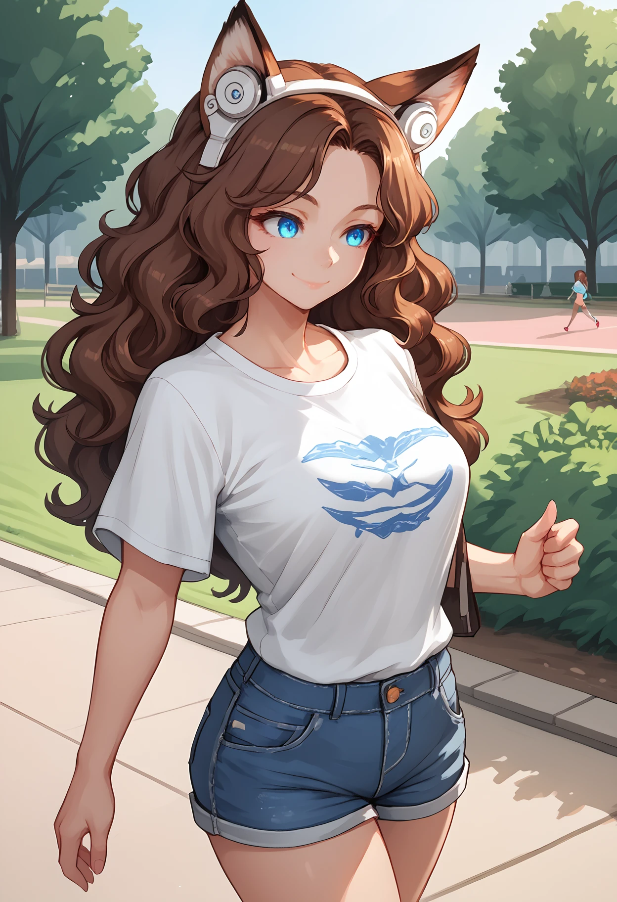 score_9, score_8_up, score_7_up,soft shadows, rating_safe BREAK
headphones, white headphones-for-animal-ears, fox girl, brown hair, long hair, wavy hair, glowing blue eyes, upper body, park, jogging, smile, t-shirt, denim shorts, smile
<lora:Headphones for animal ears (pony) v1:1>