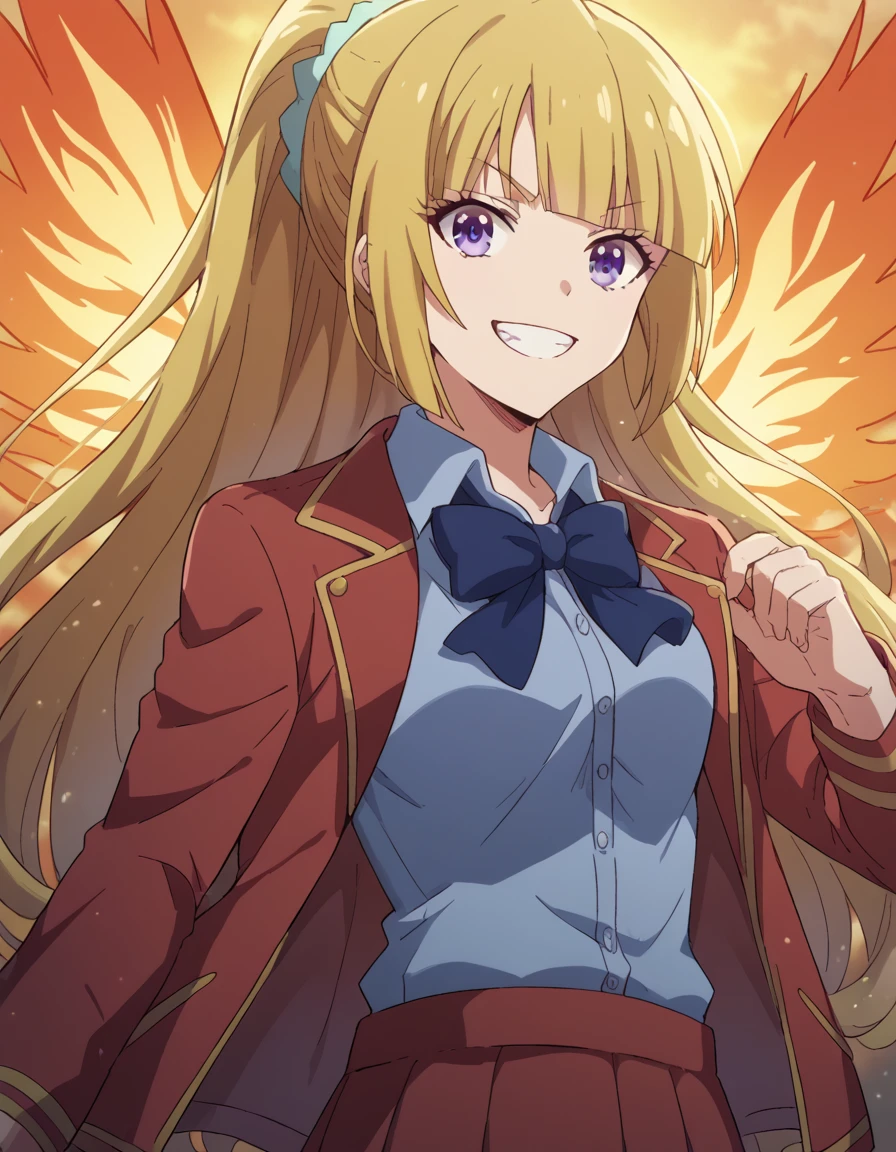 score_9, score_8_up, score_7_up, source_anime,
keikaruizawa, <lora:kei-karuizawa-anime-s2-ponyxl-lora-nochekaiser:1>,
kei karuizawa, long hair, bangs, blunt bangs, purple eyes, blonde hair, shirt, hair ornament, ponytail, scrunchie, blue scrunchie,
skirt, shirt, bow, school uniform, jacket, red jacket, pleated skirt, bowtie, sweater, blue bow, blue shirt,
grin, <lora:fiery-wings-ponyxl-lora-nochekaiser:1>, fiery wings,
looking at viewer, cowboy shot, dutch angle, solo,