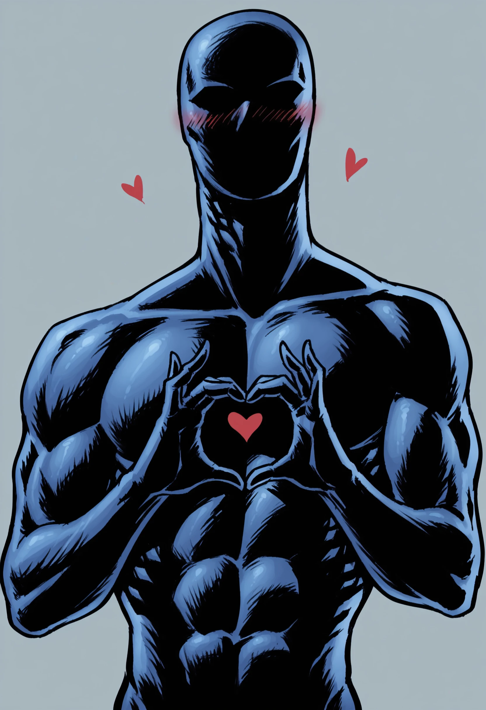 score_9, score_8_up, score_7_up, score_6_up, score_5_up, score_4_up, <lora:BlackNoir:0.8> solo, square jaw, faceless, bodysuit, muscular, bodybuilder, abs, upper body, view from above, blue theme, heart hands, blush,
simple background,