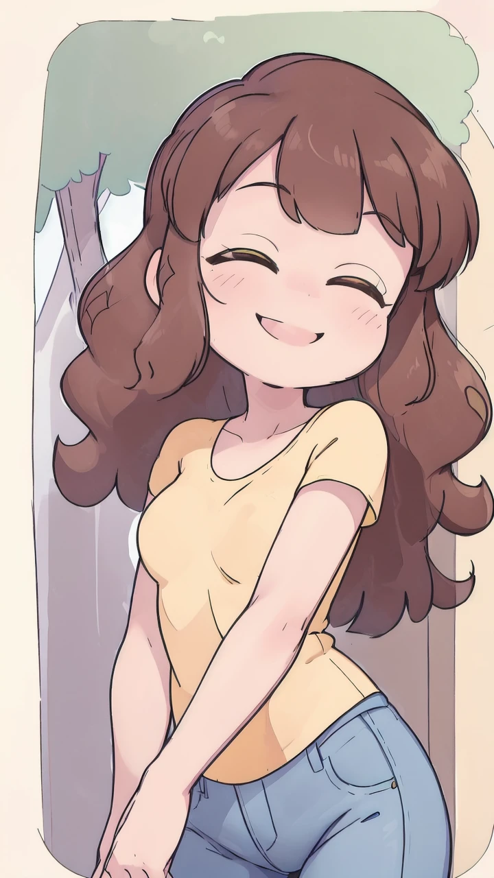 masterpiece, best quality, ultra detailed, <lora:Lelay:1>, brown hair, brown eyes, yellow shirt, jeans, blue pants, smile, closed_mouth, drawing