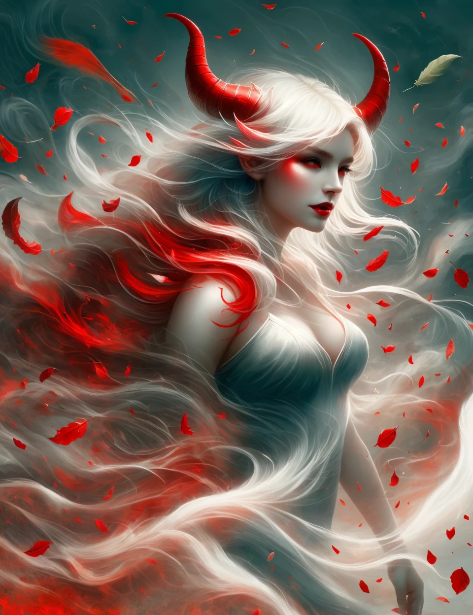 DonM41r3l3 wind, air, female devil, embodiment of evil, cunning and charismatic, red skin, devil horns, fantasy, fragmented, <lora:DonM41r3l3:0.9>