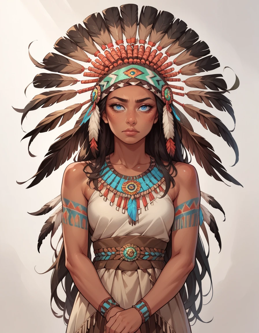 score_9, score_8_up, score_7_up, score_6_up, score_5_up, score_4_up, 1girl, long hair, blue eyes, native american, dark skin, dress, hud_n_a_hddrss, headdress, feathers, headband, <lora:hud_n_a_hddrss_XLP:0.8>