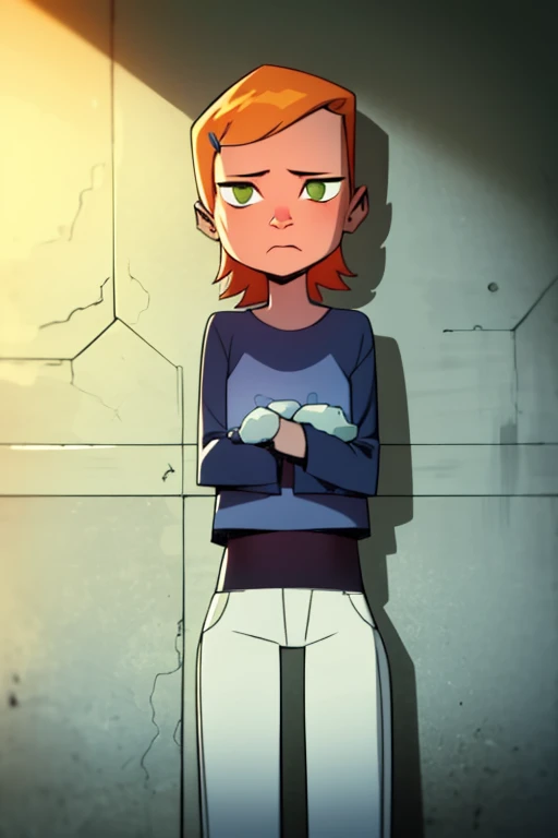 <lora:somo-10:1>somo, 1girl, <lora:gwen tennyson:1> Gwendolyn_Tennyson, blue shirt, long sleeves, white pants, orange hair, green eyes, masterpiece, best quality