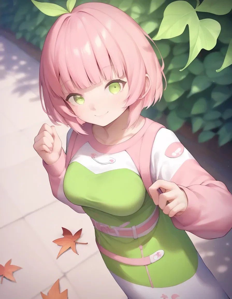score_9, score_8_up, score_7_up, score_6_up, a girl in a park, dutch angle, smile , (antenna hair:0.7)|(leaf:1.5),short hair, (blunt bangs:1.1),pink two-tone jacket, virtual youtuber, long sleeves, puffy long sleeves, dutch angle, from above, green eyes, medium breasts,
pink hair,
<lora:peachyp_style_pony6_v1-000032:1>