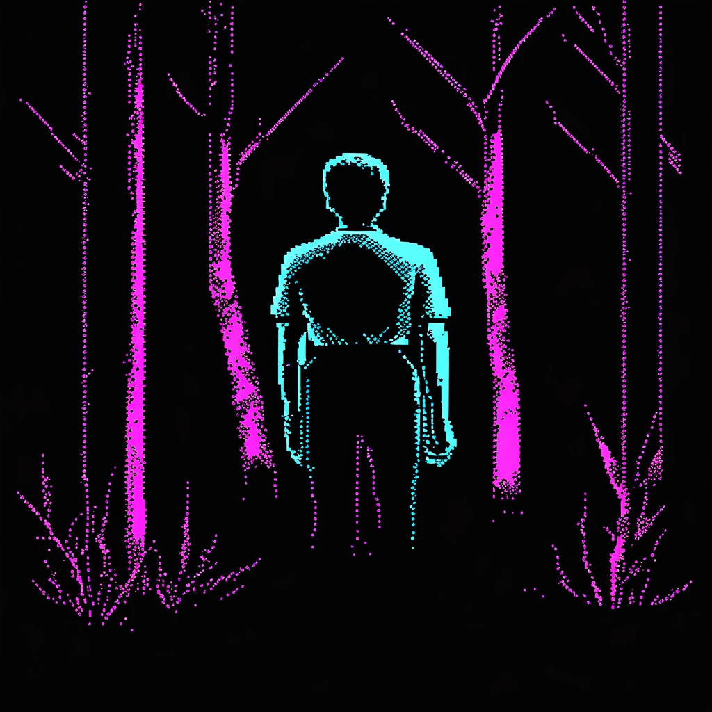 cga palette-1 picture of a man standing in a dark forest viewed from behind