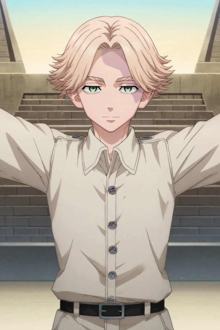 score_9, score_8_up, score_7_up, source_anime, rating_safe, , , looking at viewer, , 1boy, solo, male focus, <lora:seishuu_inui_pony:0.98>, seishuu_inui, blonde hair, green eyes, short hair, bangs, symmetry, pyramid, noon, spread arms, squinting, , <lora:sdxl_lightning_8step_lora:1>