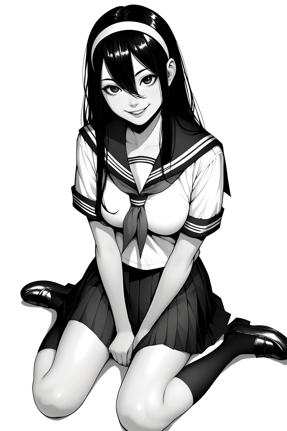 score_9, score_8_up, score_7_up, score_6_up, score_5_up, score_4_up, DianaKSXL, monochrome, greyscale, black eyes, hair band, black hair, long hair, hair between eyes, medium breasts, school uniform, serafuku, white shirt, short sleeves, sailor collar, neckerchief, pleated skirt, skirt, socks, loafers, solo, sitting, seductive smile, looking at viewer, white background  <lora:DianaKSXL:0.8>