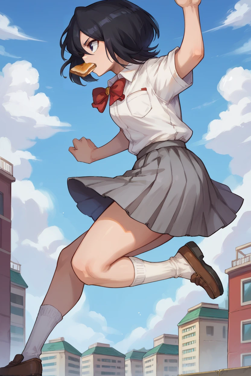 score_9, score_8_up, score_7_up, score_6_up, source_anime BREAK 1girl, solo, <lora:rukia-pdxl-nvwls-v1-000006:1> defrka, black hair, black eyes, short hair, red bowtie, white shirt, grey skirt, blaxk socks, loafers, running, from side, blue sky, clouds, jumping, toast in mouth, city