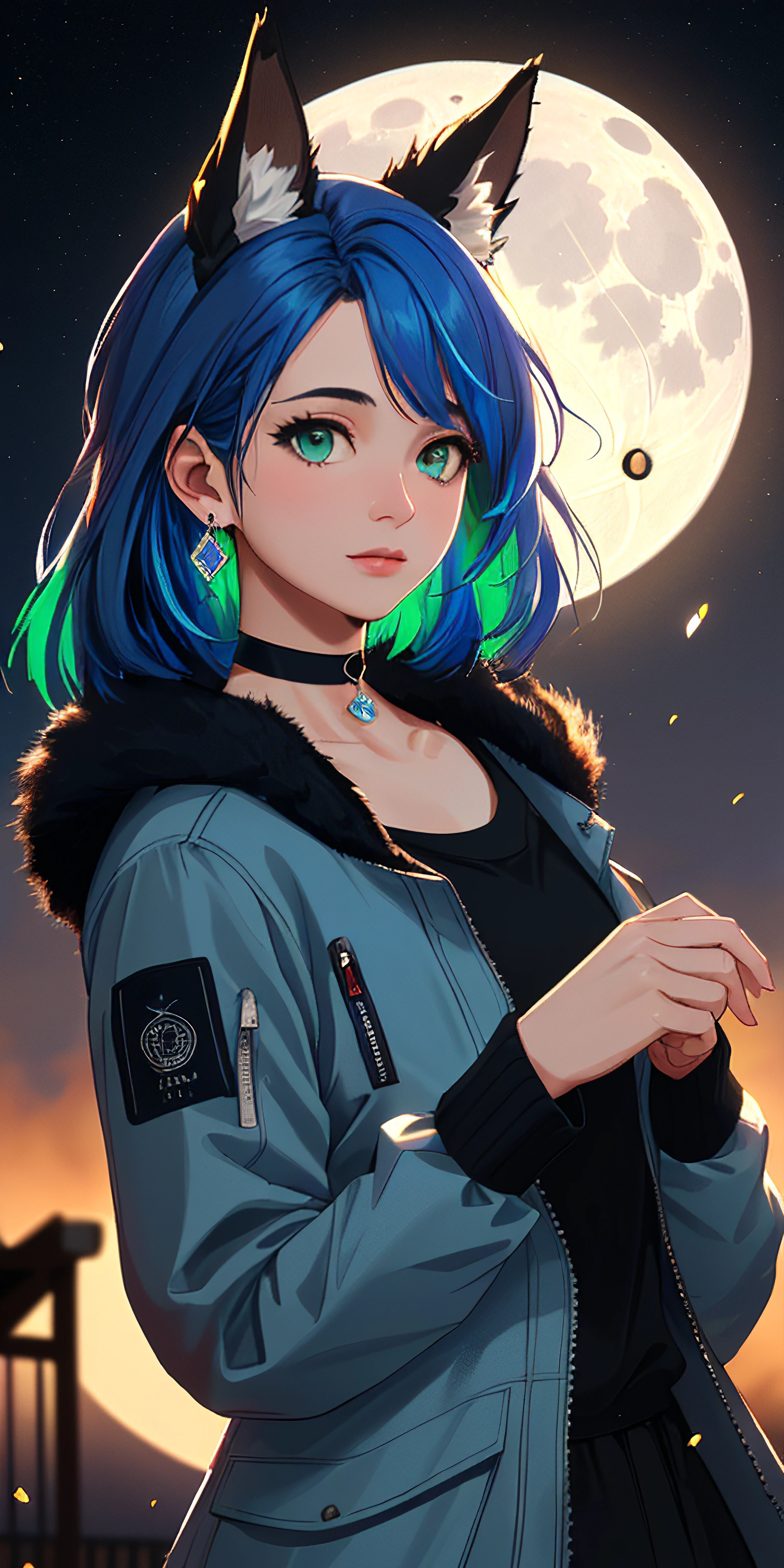 50mm lens
aperture opening of f/4.0
(1girl, surreal beauty), (multicolored hair:1.2), (blue hair:1.2), long hair, streaked hair, halo, looking at viewer, (blue jacket:1.2), animal ears, delicate green eyes, earring, choker, upper body, floating hair, open jacket
night, full moon (symmetrical), outdoors, intricate details, hdr, intricate details, Detailed Fluffy Fur, hyperdetailed, natural fur texture, hyperrealism, sharp
(hyperrealistic, cinematic light, depth of field, lens flare, prism particles)
\\ Made with ONE FOR ALL checkpoint by Chaos Experience @ https://civitai.com/user/ChaosExperience/ \\