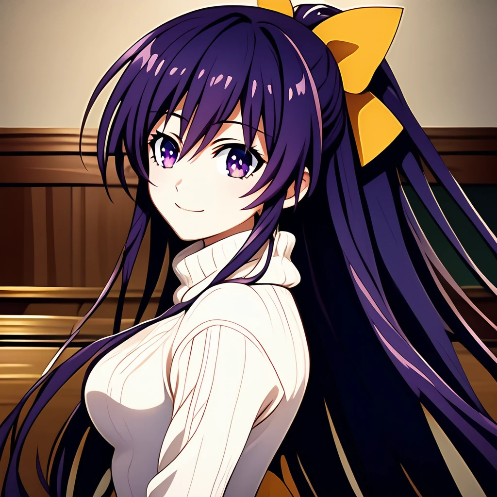 (extremely detailed CG unity 4k wallpaper),(masterpiece),(best quality),(ultra-detailed),(best illustration),(best shadow),(absurdres),(detailed background) Tohka Yatogami, 1girl, solo, bow, long hair, hair bow, smile, purple hair, yellow bow, purple eyes, ponytail, breasts, hair between eyes, sweater, very long hair, turtleneck, upper body, hair ornament, sitting, looking at viewer, white sweater, medium breasts, indoors, bangs, anime coloring