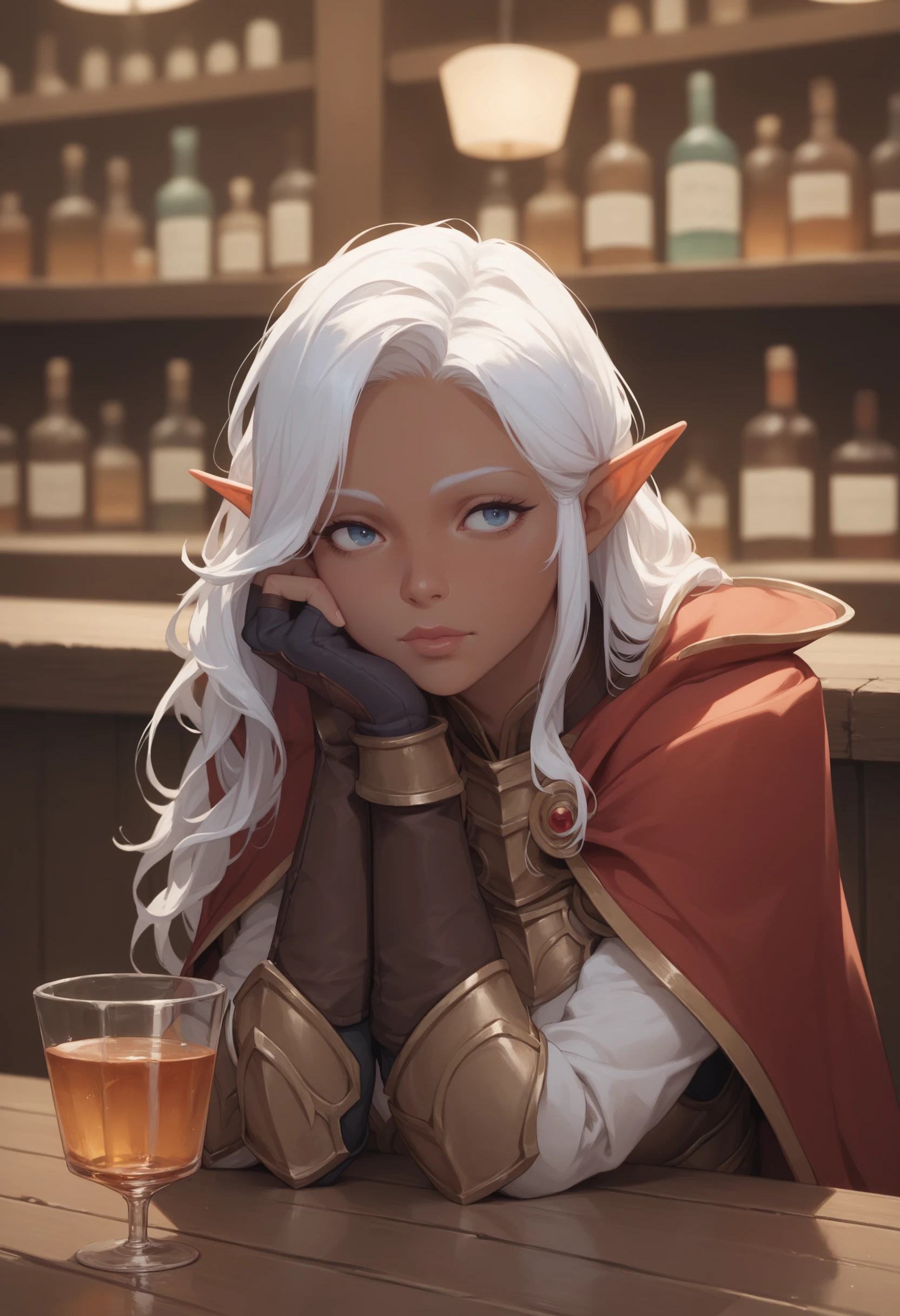1girl, solo, pointy ears, cup, colored skin, long hair, elf, gloves, head rest, fingerless gloves, white hair, blurry, lips, drinking glass, holding cup, dark elf, cape, blurry background, armor, bar (place), BREAK PonyXLV6_Scores