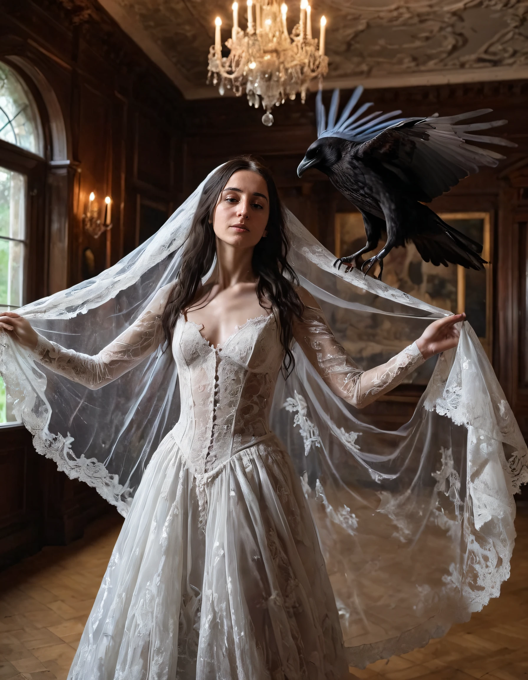 In a chilling, haunted Victorian mansion at twilight, the captivating Eleonora, with her raven hair cascading down her back like a waterfall of shadows and her deep brown eyes gleaming like twin moons, floats ethereally mid-air in a gothic wedding dress adorned with lace and embroidery, her long veil billowing behind her like an eagle's wings. She strikes a graceful pose, one hand holding the veil as if to guide it gently around her, the other extended towards the viewer, beckoning them to join her in a dance that transcends time and space. <lora:tnrqis18fcaf41be9m9c:1>