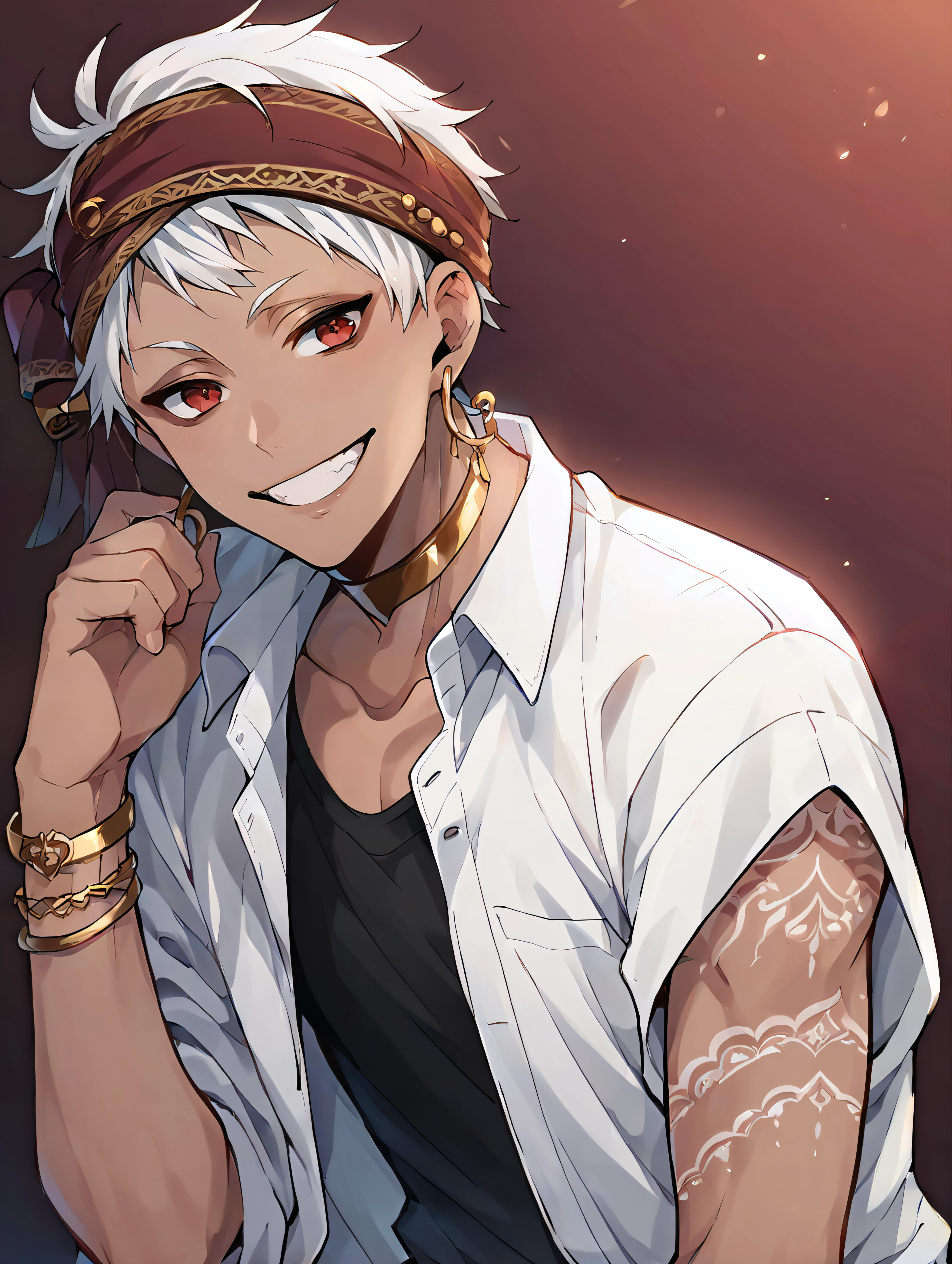 score_9, score_8_up, score_7_up, score_6_up, score_5_up, score_4_up, rating_explicit, BREAK kalimalasim, 1boy, slim, dark skin, arm tattoo, red eyes, white hair, headband, short hair, jewelry, earrings, <lora:KalimAlAsim_PDXL:1>, shirt, smile