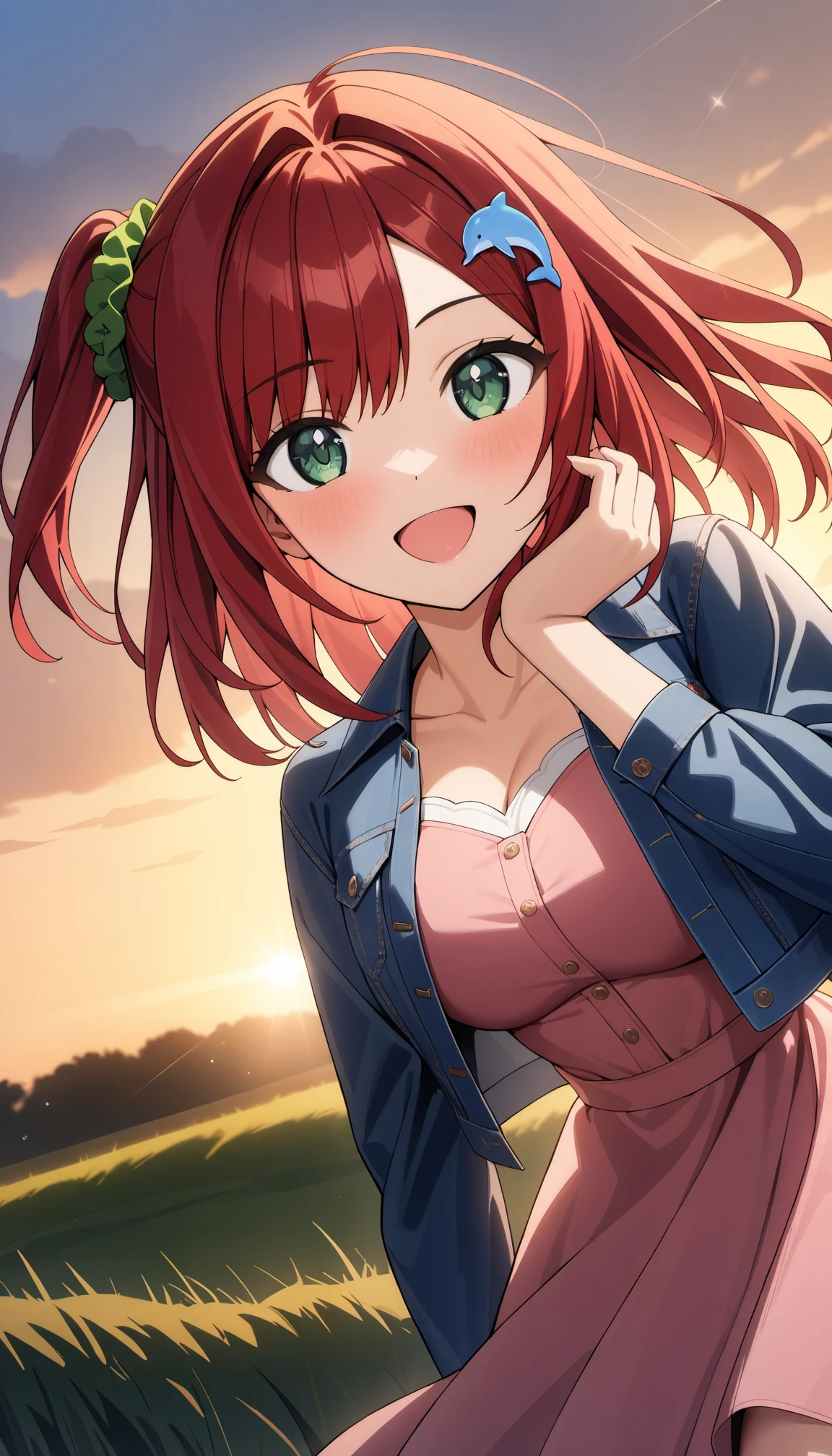 1girl, sakimiya iruka, dolphin wave, green eyes, red hair, one side up, hair ornament, green scrunchie,
pink dress, denim jacket, hand on own cheek, smile, sunrise, grass, wind,
masterpiece, best quality, very aesthetic, newest, cinematic lighting, highres, absurdres, incredibly absurdres <lora:CulturedDiffusion_Sakimiya_Iruka_AniXLV31:0.5>