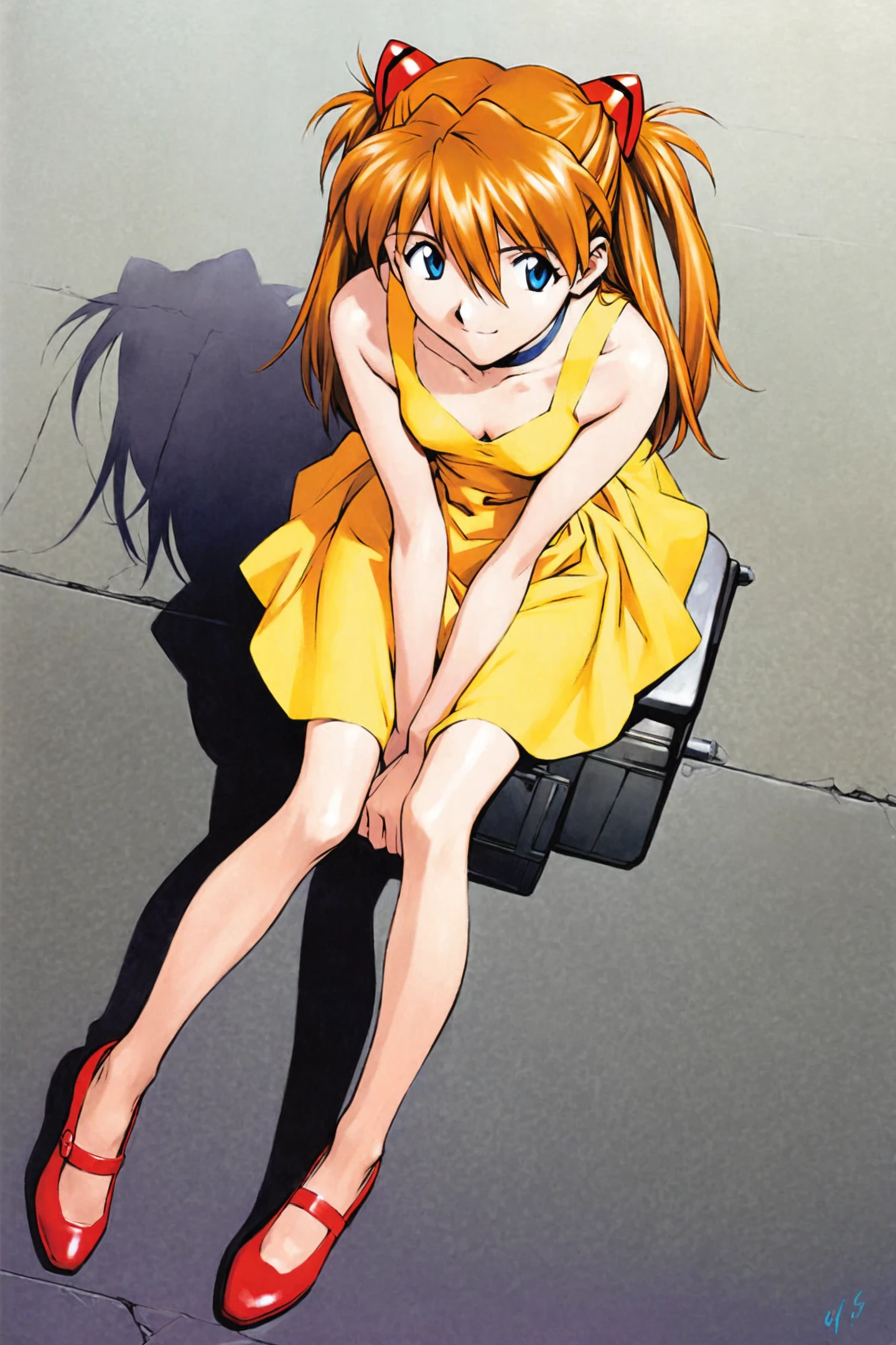 Sadamoto Yoshiyuki Style,1girl,souryuu asuka langley,yellow dress,dress,solo,shadow,long hair,blue eyes,breasts,gradient,orange hair,gradient background,smile,choker,sitting,shoes,bangs,full body,cleavage,looking at viewer,small breasts,bare shoulders,from above,two side up,yellow background,v arms,light smile,sleeveless,hair ornament,closed mouth,sleeveless dress,,<lora:mix_XL:0.8>,
