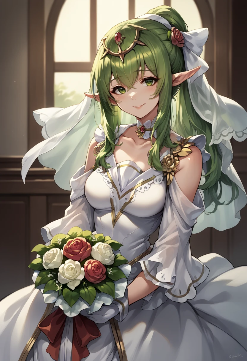 score_9, score_8_up, score_7_up, source_anime, 1girl, solo, mltikwf, bare shoulders, bouquet, bridal veil, circlet, green eyes, green hair, hair flower, hair ornament, large breasts, long hair, pointy ears, ponytail, veil, wedding dress, collarbone,  <lora:tiki-adult-take3-pdxl:1>, smile