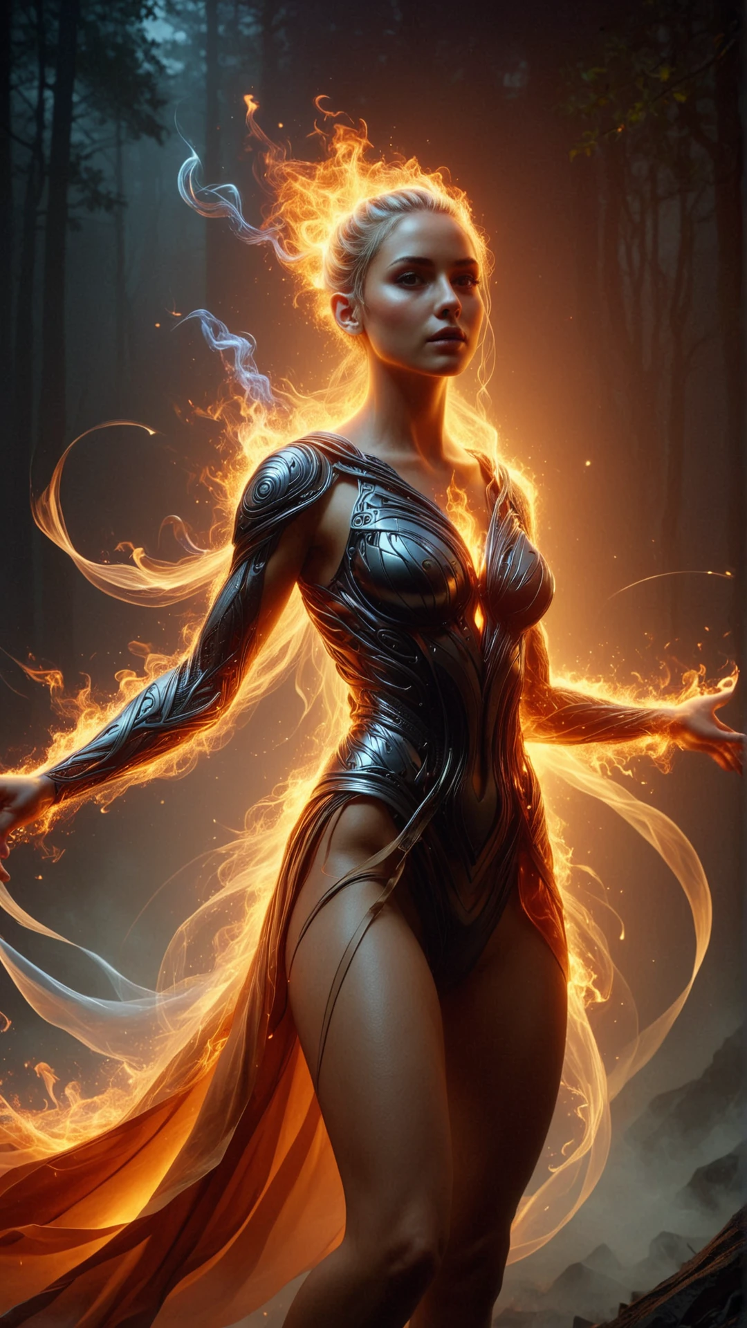Post-apocalyptic warrior, women, clad in cybernetic armor, radiating light and infinite power, He forms an energy whip that emanates from his hands, victorious and prostrate over the defeated galactic space enemy