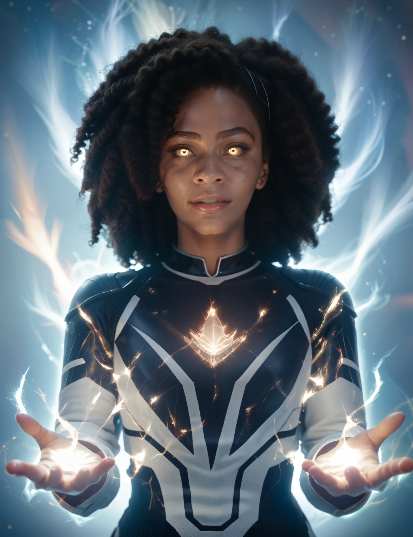 <lora:Photon_The_marvels:0.7> photon, waist up image, beautiful woman, looking at the viewer, afro, glowing, energy, glowing eyes, space, open hands, score_9, score_8_up, score_7_up, score_6_up, score_5_up, score_4_up