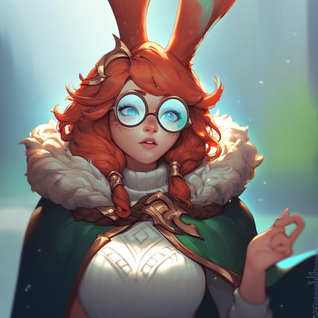 (((beautiful, high quality))), score_9, score_8_up, score_7_up, Aurora lol, 1girl, red hair, round glasses, freckles, jewelry, rabbit ears, blue eyes, white sweater, green cape with fur,fantasy background, blurred background,