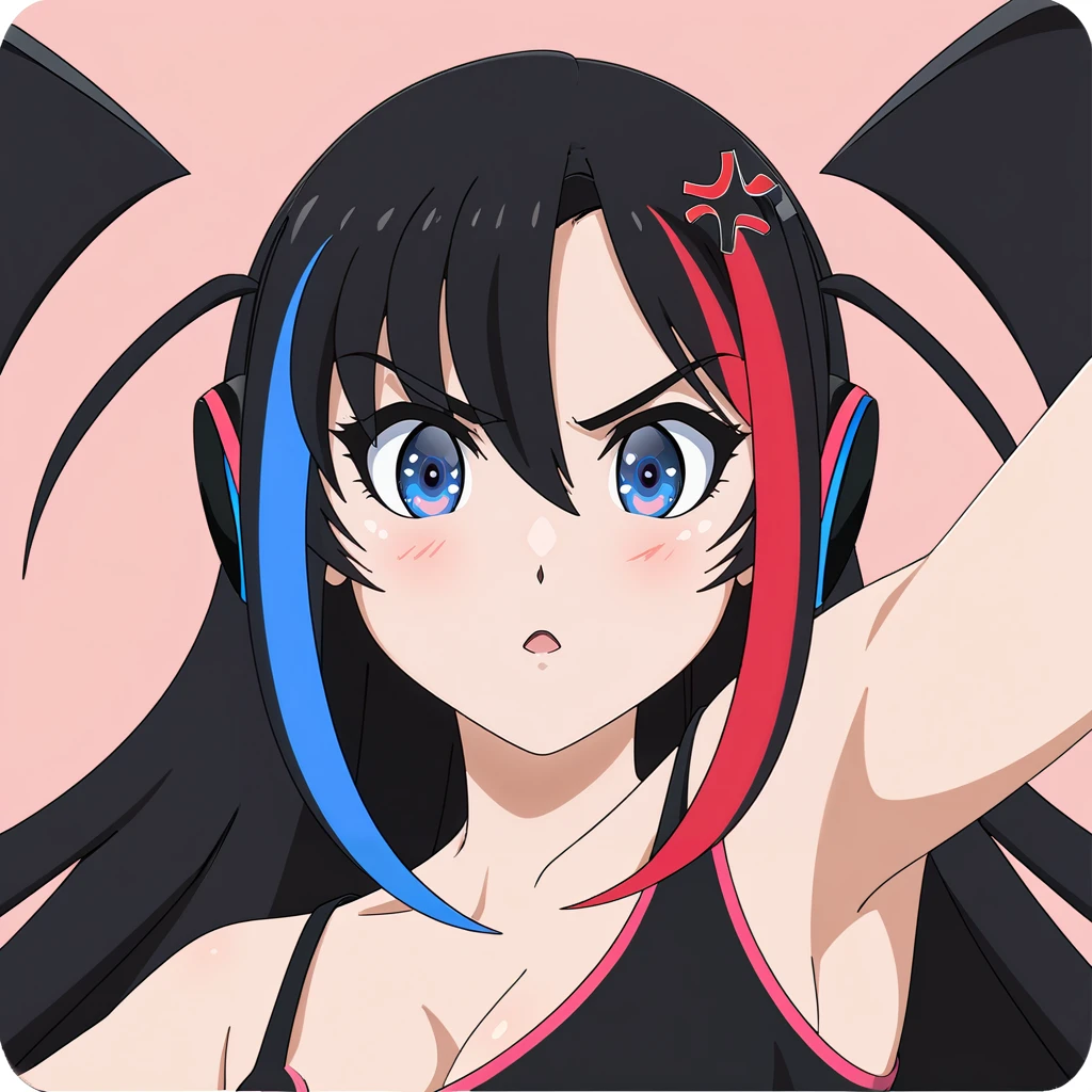 Silhouette style, score_9, score_8_up, score_7_up, score_6_up, score_5_up, score_4_up BREAK (kuria:1.1), 1girl, solo, black hair, two-tone hair, red hair, blue hair, long streaked hair, medium breasts, blue eyes, hair ornament, looking at viewer, dynamic pose, cowboy shot, <lora:KuriaOCpdxl16.0.93tx1-000014:1.05>, High contrast, minimalistic, black and white, stark, dramatic