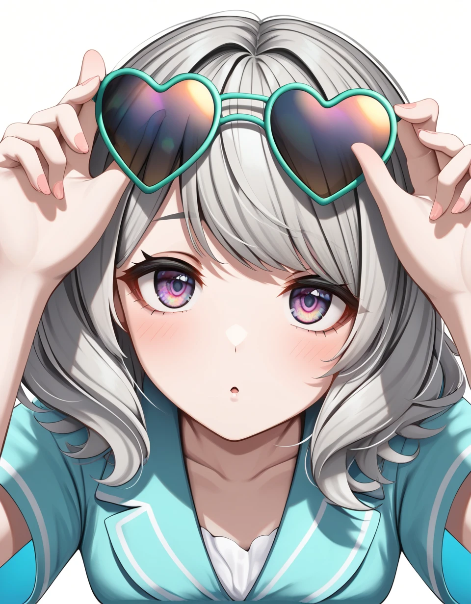 1 girl , (( solo )) , upper body, leaning forward, looking at viewer , look up, <hatosangu_sdxl_0001:0.7>, hatosangu, heart sunglasses, sunglasses on head, arms up , place hand along sunglasses, gray blonde hair, green sunglasses , medium hair, ultra-detailed, 4k, white background , good hand , perfect hands,