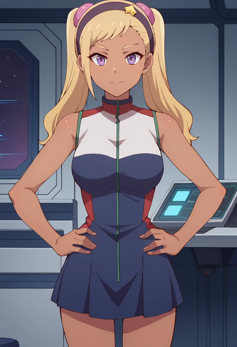 score_9, score_8_up, score_7_up,
<lora:KanataNoAstra_QuitterieRaffaeliXL:0.8>, QuitterieRaffaeli,
1girl, solo, closed mouth, light smile,
blonde hair, purple eyes, twintails, purple hairband, star (symbol), purple scrunchie, dark skin,
QuitterieDress, multicolored dress, blue dress, white dress, short dress, sleeveless, zipper,
standing, looking at the viewer, thigh gap, facing viewer, hands on own hips,
science fiction, indoors, spacecraft interior, space