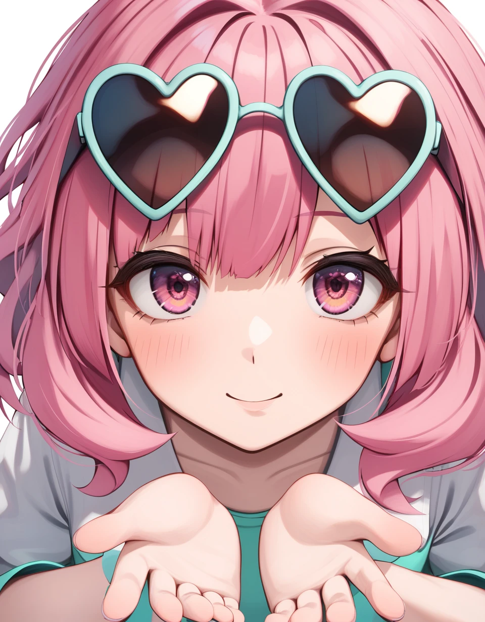 1 girl , (( solo )) , upper body, leaning forward, looking at viewer , look up, arms up, <hatosangu_sdxl_0001:0.7>, hatosangu, heart sunglasses, sunglasses on head, green rim sunglasses, part pink hair, medium hair, ultra-detailed, 4k, white background , good hand , perfect hands,