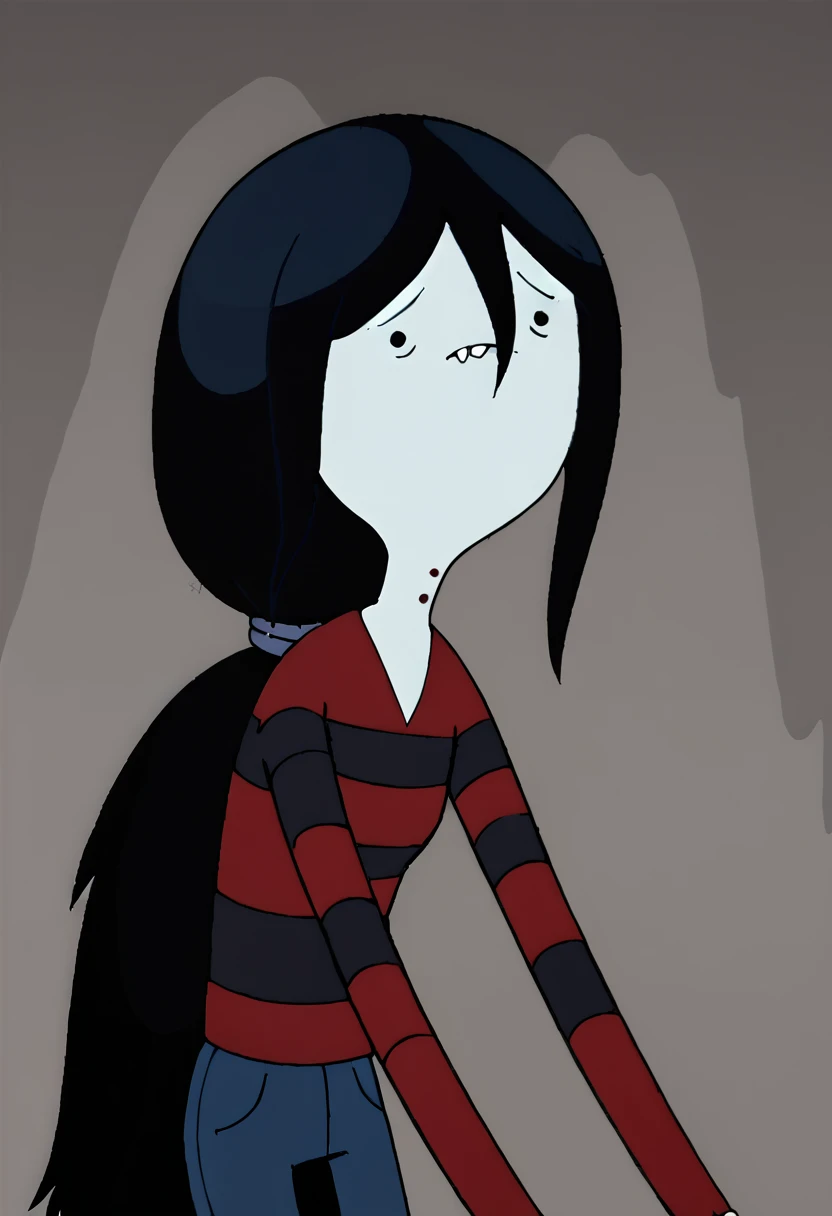 marceline, silly face, black hair, solo, long hair, ponytail, 1girl, bite mark, black eyes, grey skin, shirt, long sleeves, striped shirt, solid circle eyes<lora:MarcelinePony1.1:1>, score_9, score_8_up, score_7_up, score_6_up, score_5_up, score_4_up, looking at viewer,