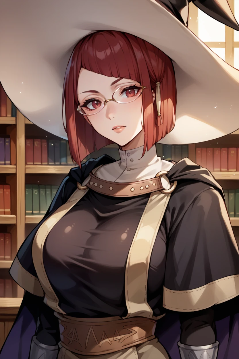 score_9, score_8_up, score_7_up, score_6_up, source_anime BREAK 1girl, solo,  <lora:femiriel-pdxl-nvwls-v1-000005:1> miriel, red hair, witch's hat, glasses, cape, black robe, brown pants, big breasts, library, looking at you, upper body