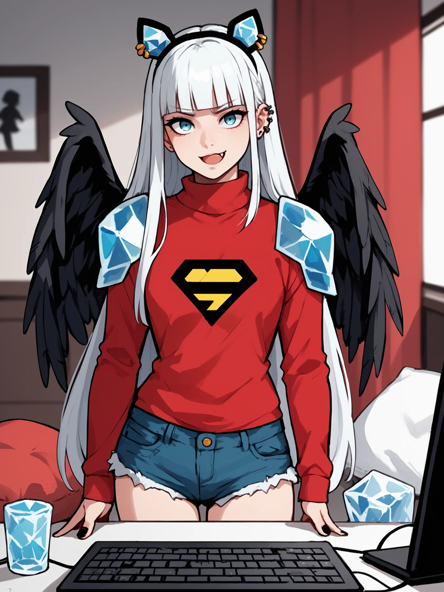 black wings, solo, ice cube, robot, computer, curtains, absurdly long hair, pillow, blunt bangs, cutoffs, fang, fake animal ears, old, phone, rainbow, shoulder armor, ear piercing, piercing, red sweater, black nails, superhero, indoors, pride theme, meme, parody, cinematic lighting, depth of field, looking at viewer, BREAK PonyXLV6_Scores