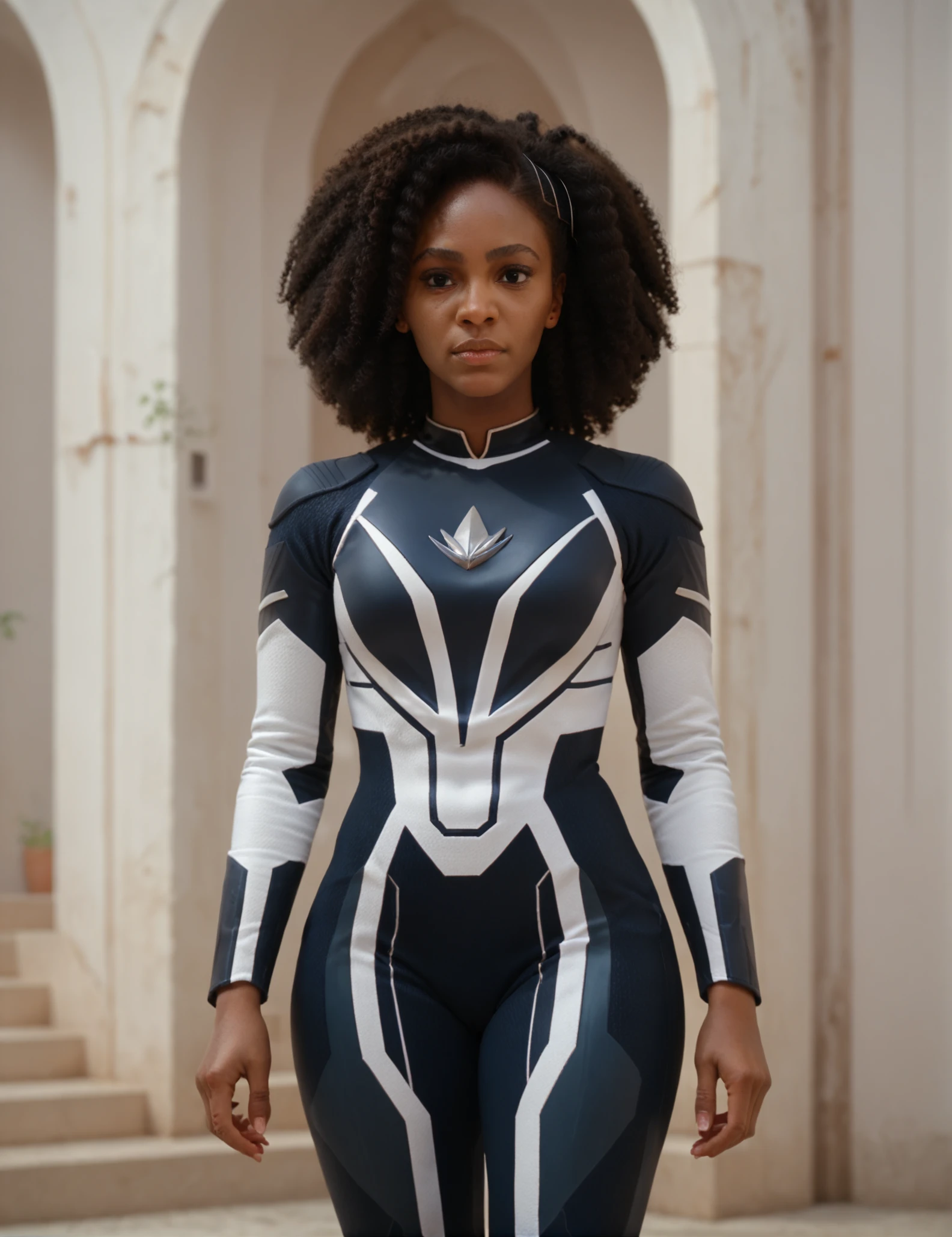 <lora:Photon_The_marvels:0.7> photon, beautiful woman, looking at the viewer, afro, standing, bodysuit,black eyes, dark skin, score_9, score_8_up, score_7_up, score_6_up, score_5_up, score_4_up