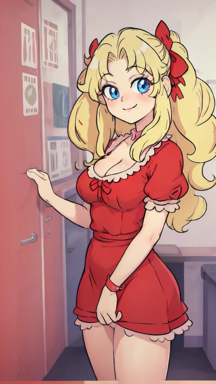 masterpiece, best quality, <lora:Sandy(Kassos):1>, blond hair, standing, blue eyes, red dress, looking at viewer, smile, red ribbon, medium breast