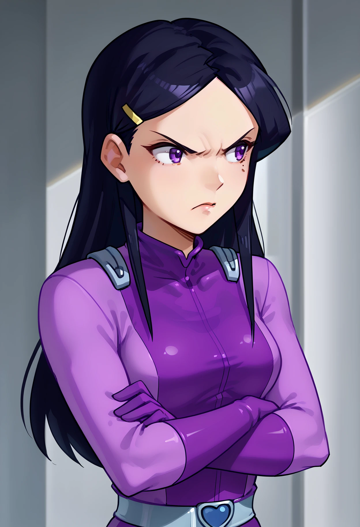 score_9, score_8_up, score_7_up, source_anime, 1girl, solo, mandy \(totally spies\), long hair, black hair, purple eyes, hairpin, purple bodysuit, belt, glaring, looking to the side, crossed arms, indoors, upper body <lora:hskc-mandy-pony-v0.5-000008:1>