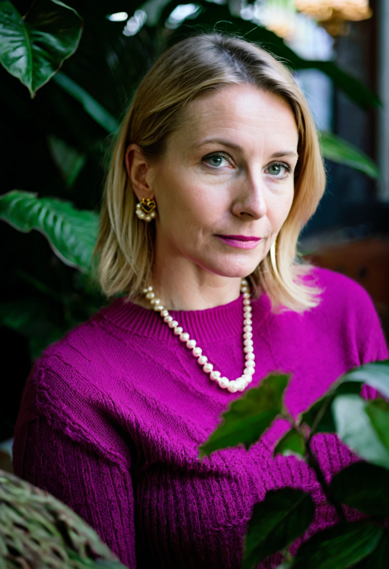 Elegant Lady with Pearls, color digital photograph, woman, blonde hair, magenta sweater, pearl necklaces, earrings, thoughtful expression, indoor, plants, warm lighting, shallow depth of field, natural light, portrait, focused gaze, long hair, gold jewelry, greenery, selective focus