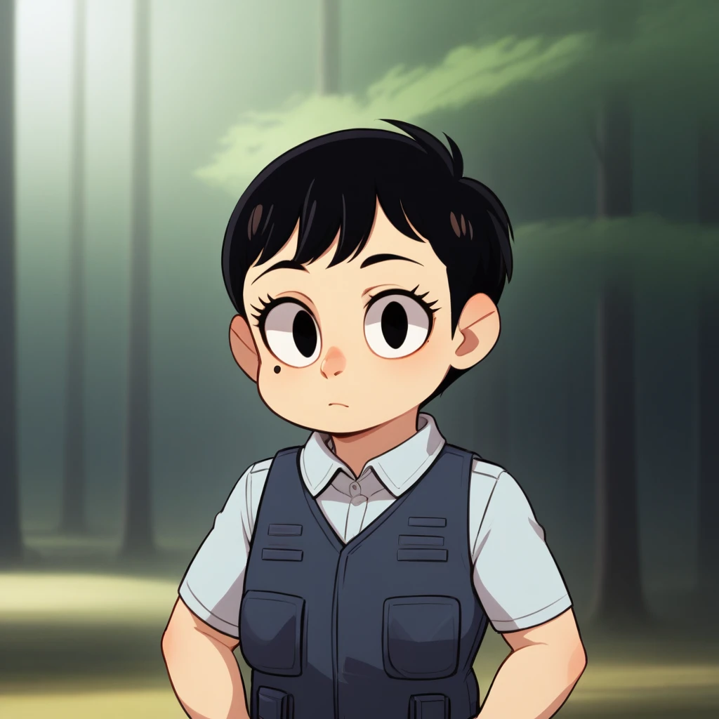 score_9_up, BREAK,  MissOfficer, 1girl, solo , black hair, short hair, black eyes , mole under left eye, shirt, vest, pants,  <lora:Miss_Officer_PXL_Leaf1:1>, upper body, blurry background, forest,