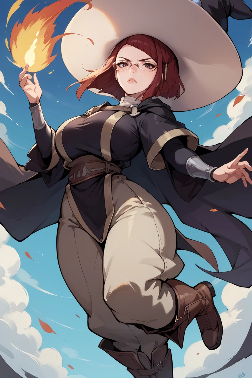 score_9, score_8_up, score_7_up, score_6_up, source_anime BREAK 1girl, solo,  <lora:femiriel-pdxl-nvwls-v1-000005:1> miriel, red hair, witch's hat, glasses, cape, black robe, brown pants, big breasts, boots, jumping, from below, looking at you, magic, fireball, serious, midair, wind, blue sky