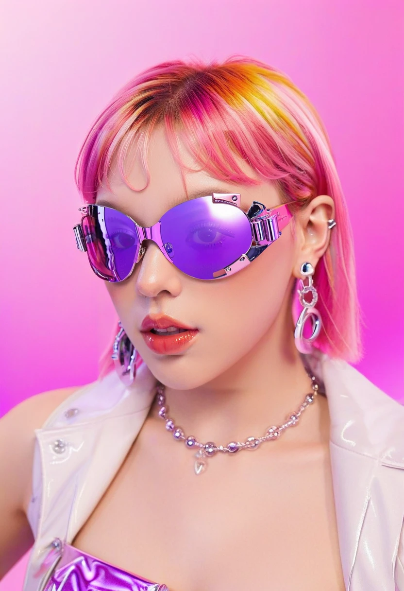 <lora:Editorial_Styles_SDXL:0.7> female, pink hair, futuristic glasses, reflective sunglasses, fashion, earring, colorful, portrait, close-up, artistic, vibrant, pink background, jewelry, trendy, stylized, high saturation, modern, young woman, unique accessories, playful expression, shiny texture, avant-garde, bold makeup, purple theme, fantasy, fashion-forward, statement piece, side profile