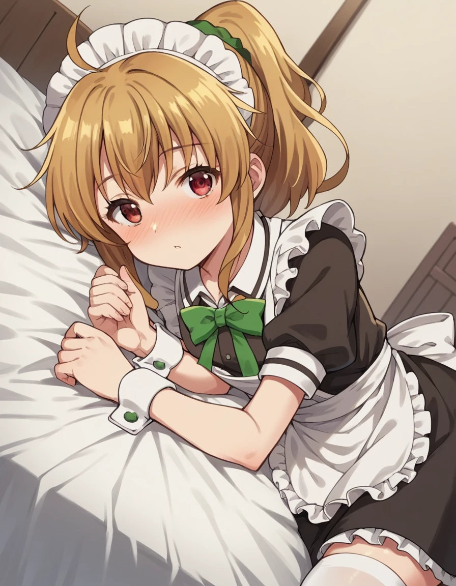 score_9, score_8_up, score_7_up, source_anime,
nanakokogure, <lora:nanako-kogure-s1-ponyxl-lora-nochekaiser:1>,
nanako kogure, long hair, brown hair, red eyes, ponytail, ahoge, scrunchie, green scrunchie,
thighhighs, short sleeves, apron, white thighhighs, wrist cuffs, maid, maid headdress, maid apron, bow, green bow,
indoors, bed, bed room, on side, blush, drunk,
looking at viewer, cowboy shot, solo, dutch angle,